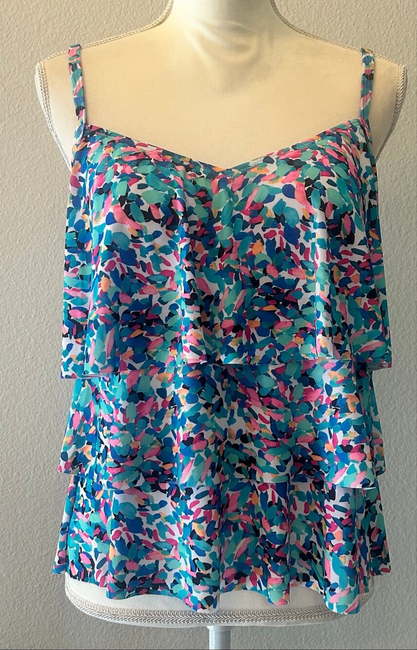 Swim Solutions Triple Tiered Tankini Top Size 12 Multi Abstract NWT